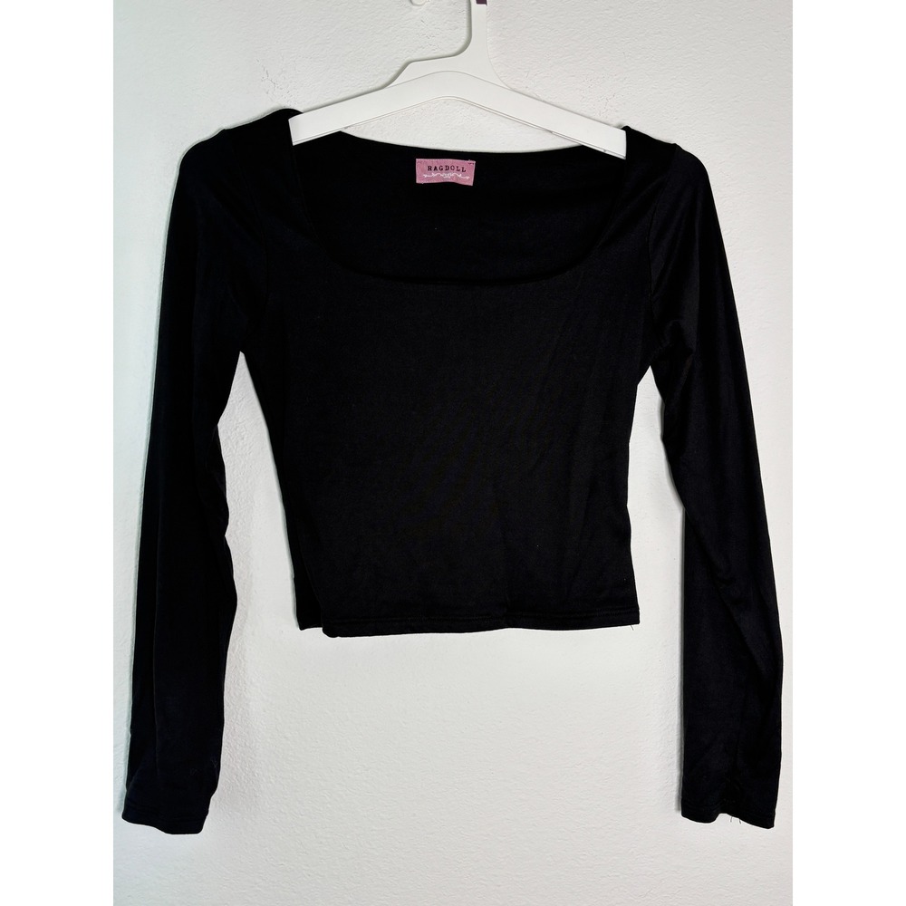 Ragdoll LA Black Square Neck Long Sleeve Crop Top Minimalist Slim Fit Small